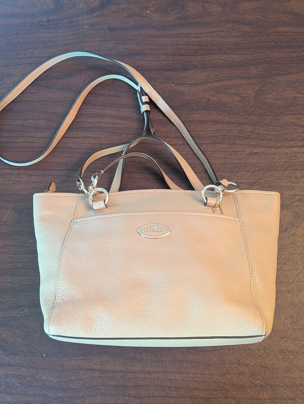 Vintage COACH Beige Crossgrain Leather Zip Top Pocket Tote Shoulder Bag #F34497